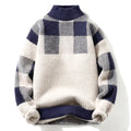 Suéter Masculino em Tricô Xadrez Jacquard com Gola Alta
