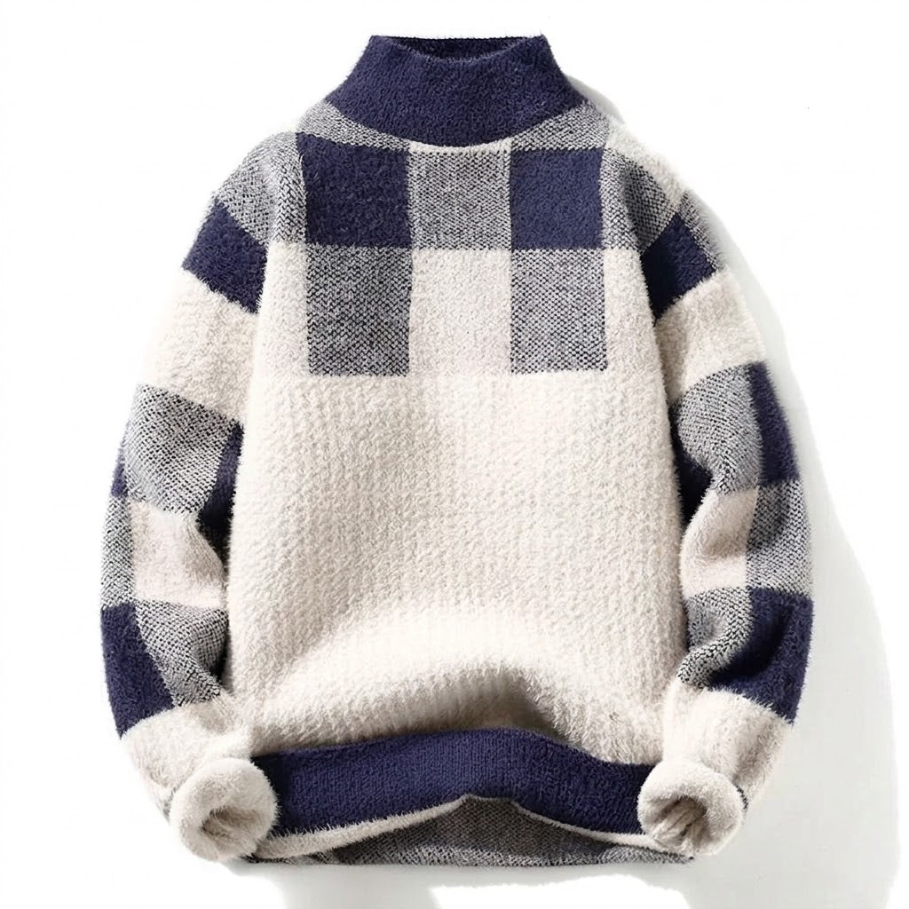 Suéter Masculino Tricô Plush Xadrez Gola Alta