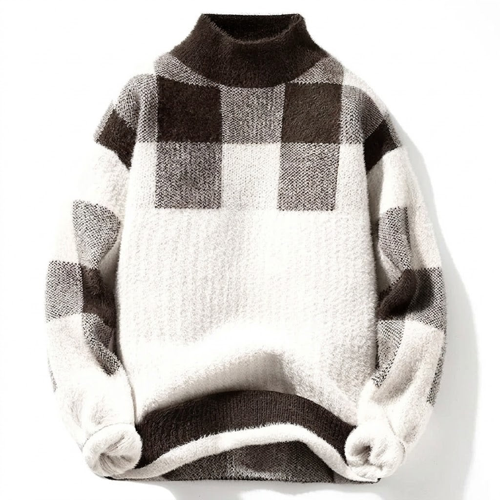 Suéter Masculino Tricô Plush Xadrez Gola Alta