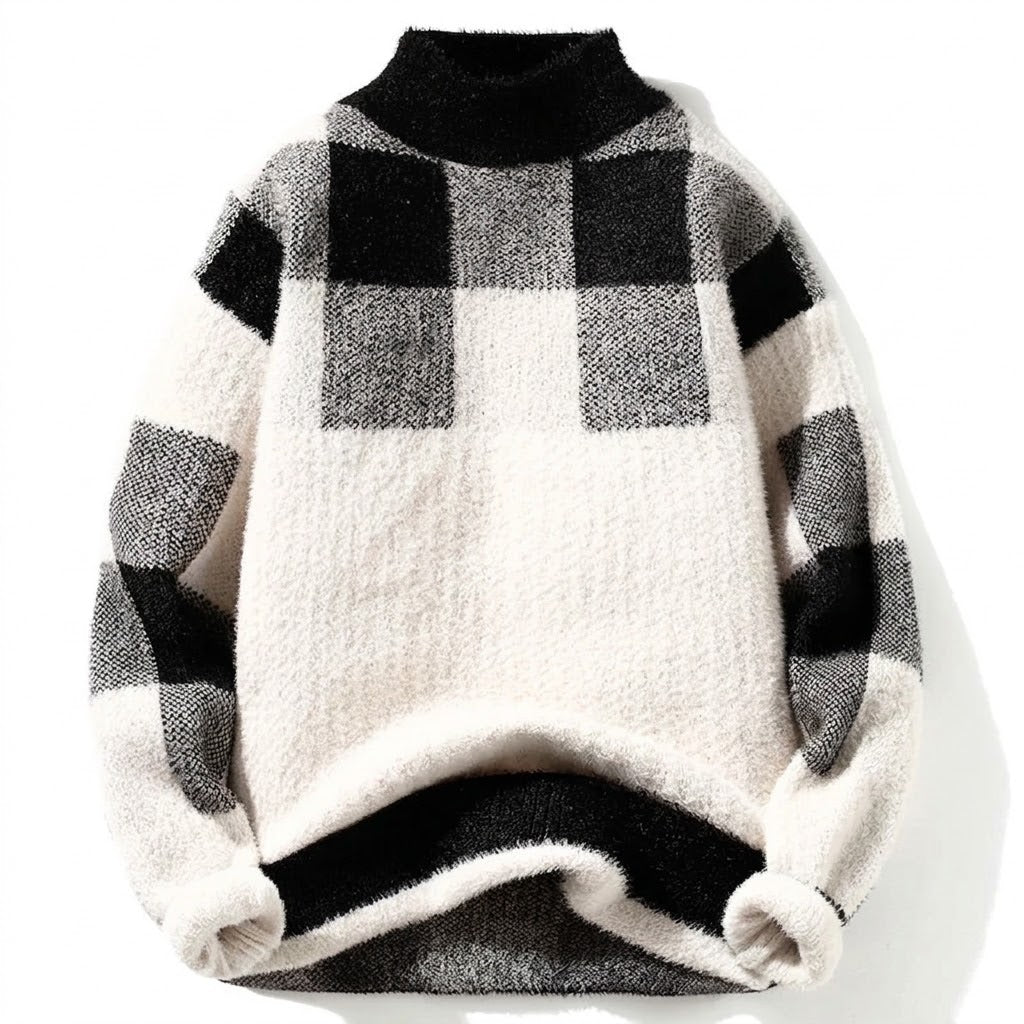 Suéter Masculino Tricô Plush Xadrez Gola Alta