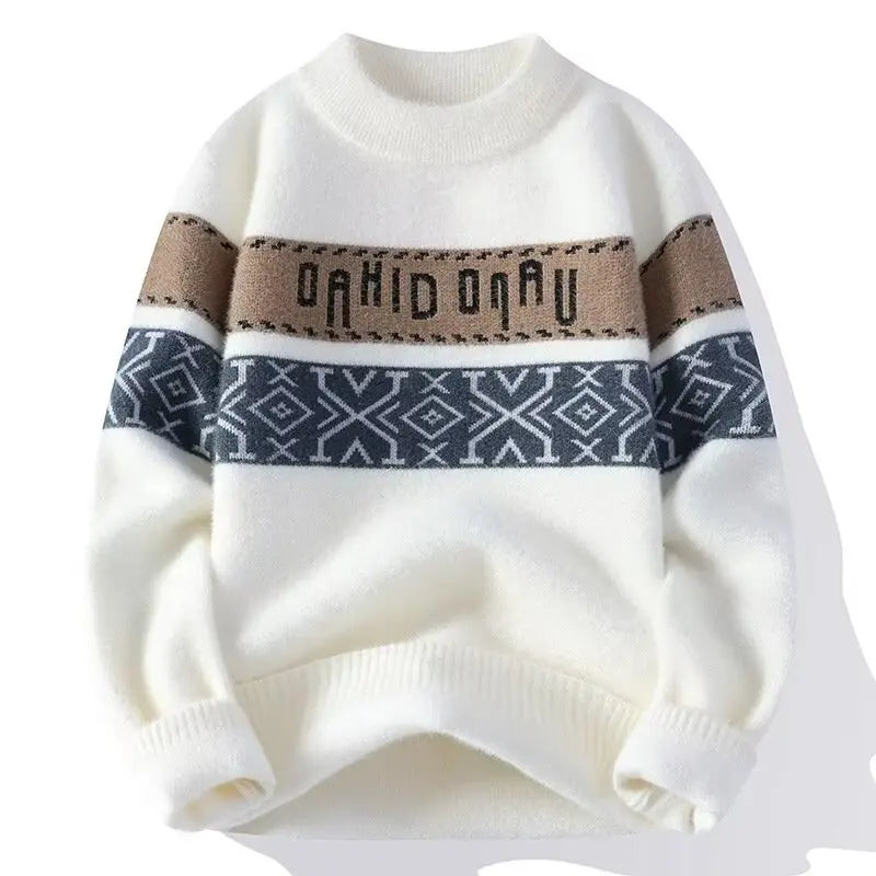 Suéter Masculino de Tricô Faixas Geométricas Jacquard Gola Redonda