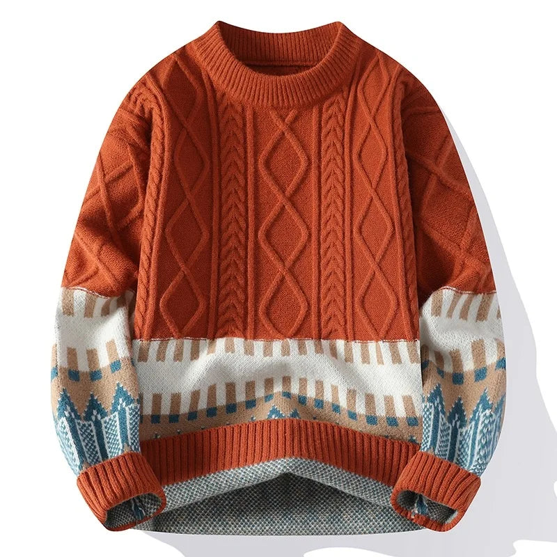 Suéter Masculino de Tricô Jacquard com Faixas Geométricas e Gola Redonda