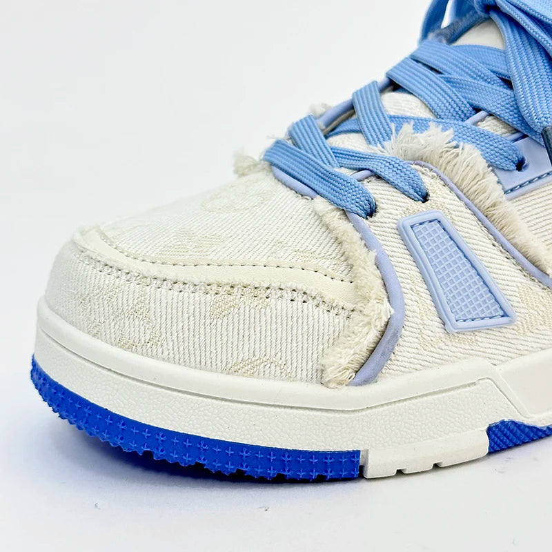 Tênis Chunky Casual Shred Unissex Desfiado Lona Azul e Branco