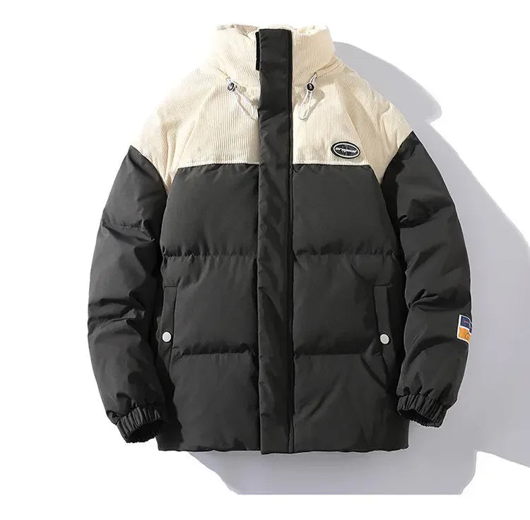 Jaqueta Masculina Puffer Bicolor com Recorte em Veludo Cotelê