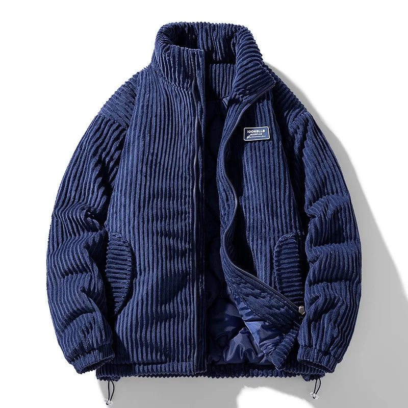 Jaqueta Puffer de Veludo Cotelê Masculina Oversized Gola Alta