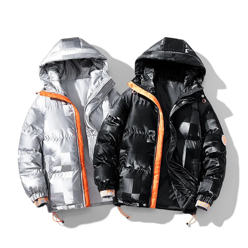 Jaqueta Puffer Masculina Streetwear com Capuz e Detalhe Laranja
