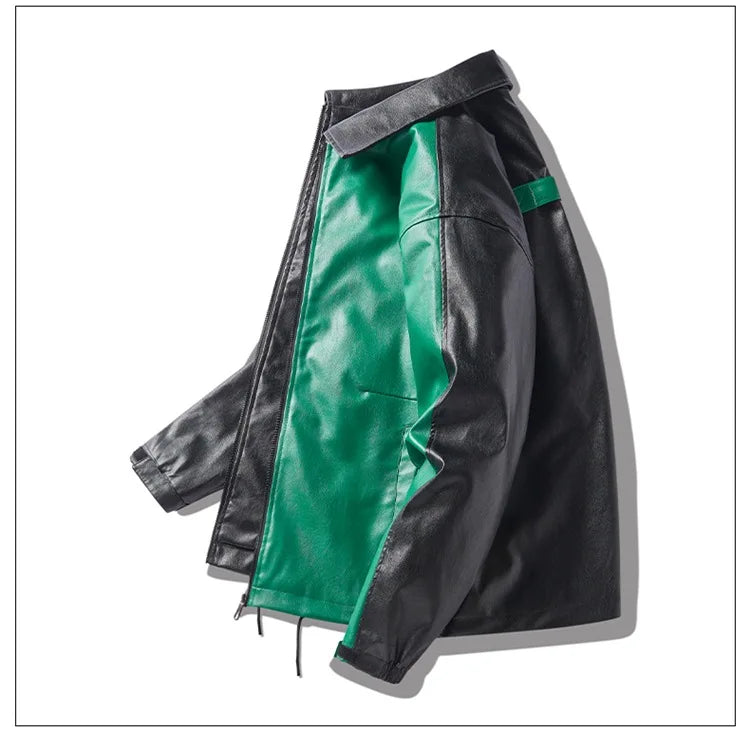 Jaqueta Masculina Couro PU Bicolor Oversized Streetwear Split