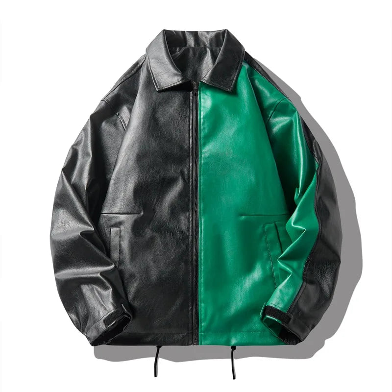 Jaqueta Masculina Couro PU Bicolor Oversized Streetwear Split