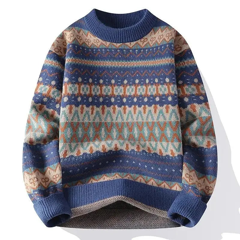 Suéter Masculino de Tricô Estampa Fair Isle Jacquard Gola Redonda