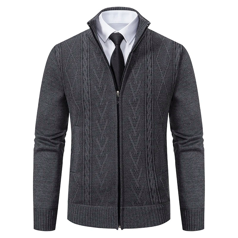 Cardigan Masculino Tricô com Zíper e Gola Alta Elegante