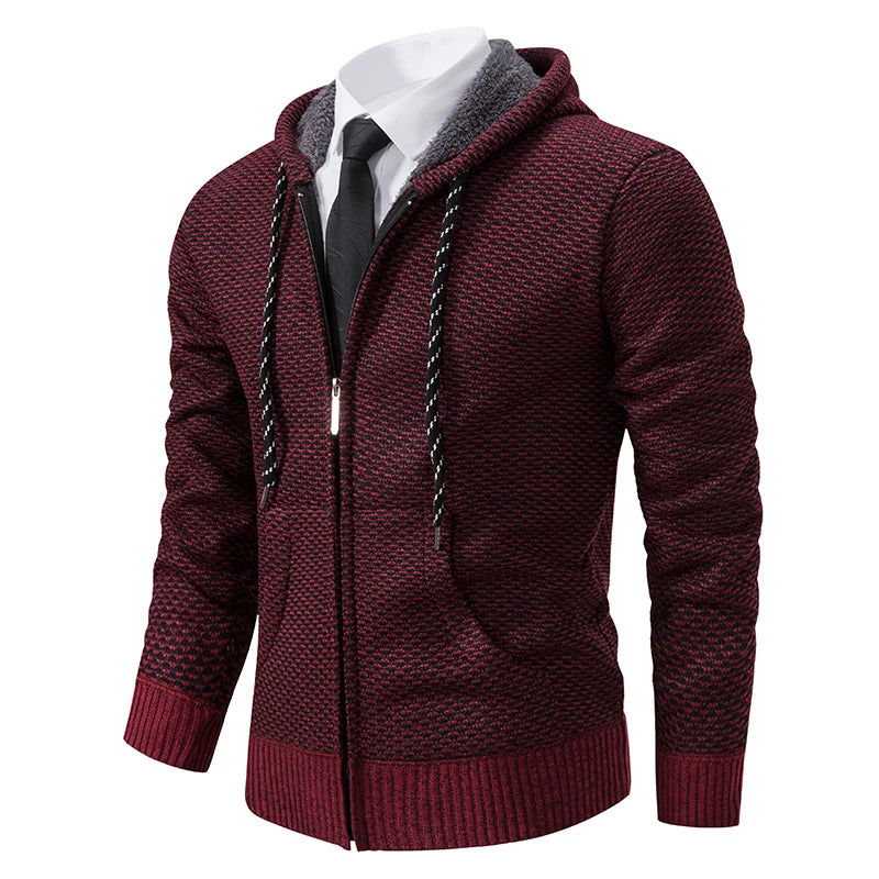 Casaco Masculino de Tricô com Zíper e Capuz Inverno