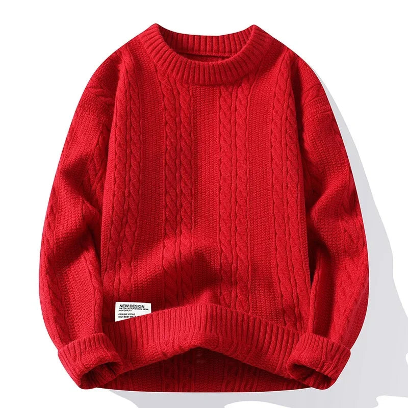 Suéter Masculino de Tricô Trançado Oversized Gola Média