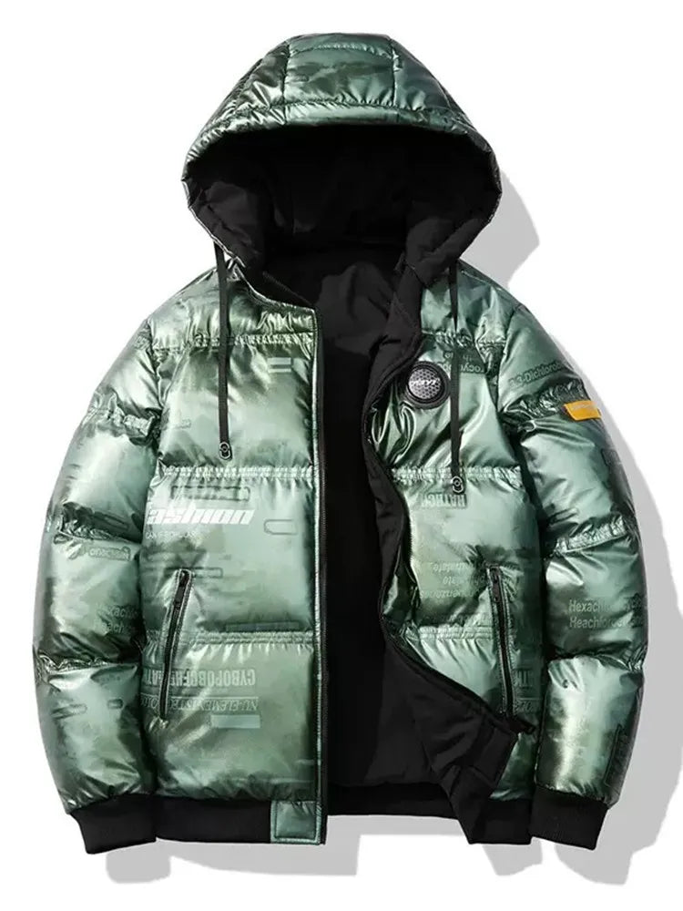 Jaqueta Masculina Puffer Metalizada Streetwear com Capuz