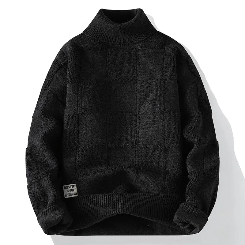 Blusa de Frio Masculina de Tricô Grosso Quadriculado Gola Alta