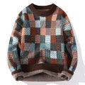 Suéter de Tricô Masculino Xadrez Patchwork Gola Careca Blusa de Frio
