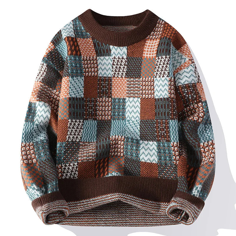 Suéter de Tricô Masculino Xadrez Patchwork Gola Careca Blusa de Frio