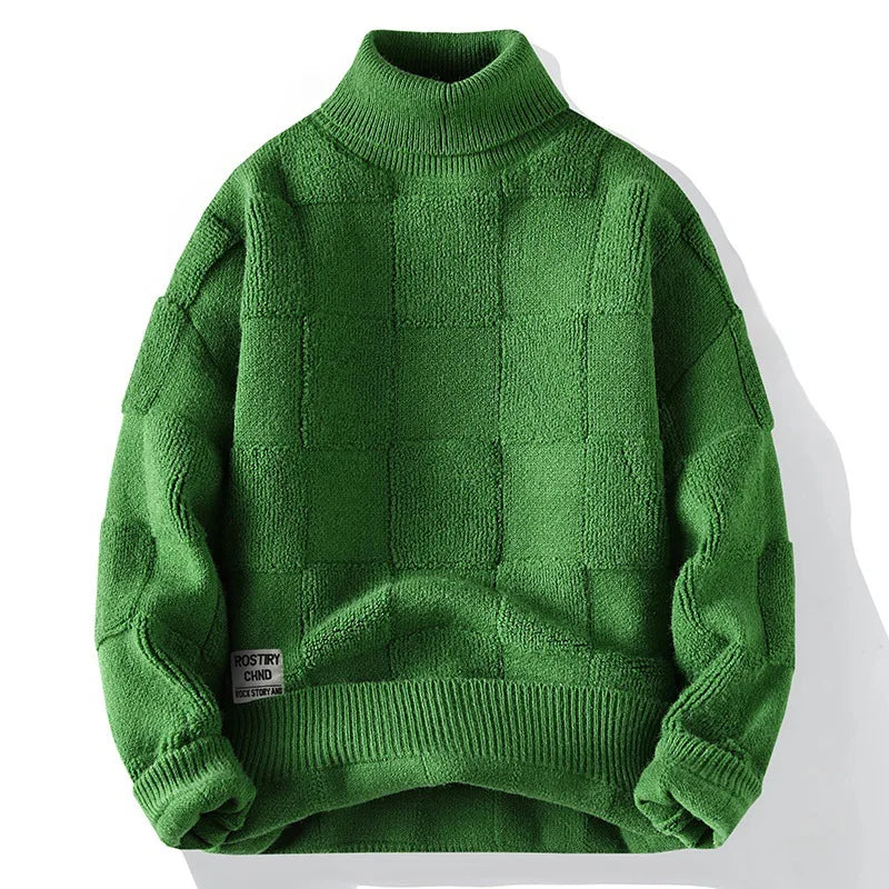 Blusa de Frio Masculina de Tricô Grosso Quadriculado Gola Alta