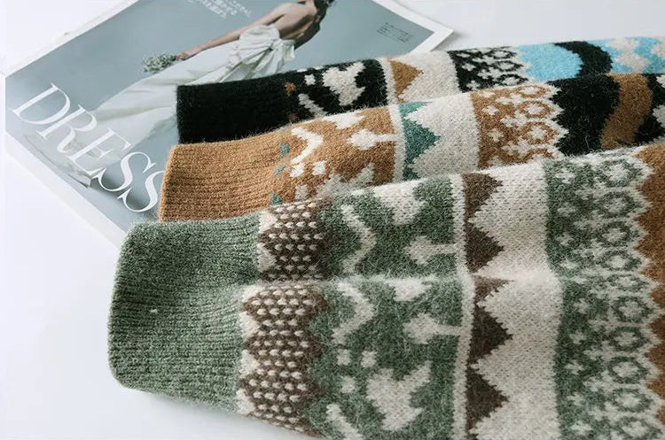 Suéter Masculino de Tricô Estampa Étnica Fair Isle Jacquard Gola Redonda