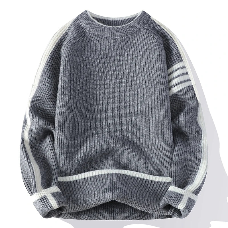 Suéter Masculino de Tricô Canelado Manga Raglan com Listras Laterais