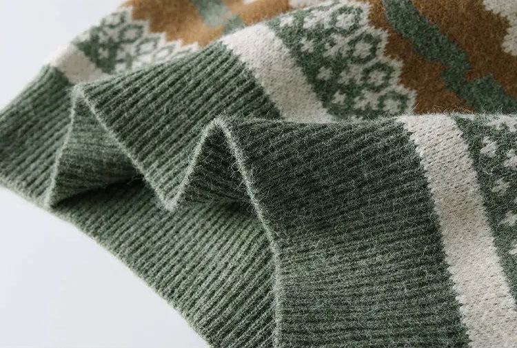 Suéter Masculino de Tricô Estampa Étnica Fair Isle Jacquard Gola Redonda