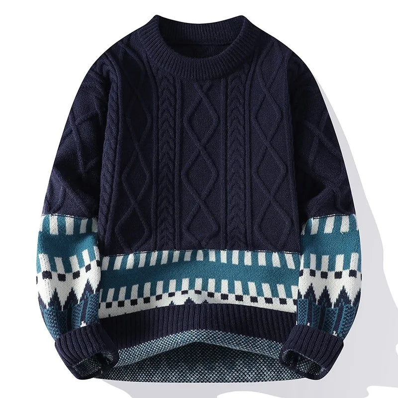Suéter Masculino de Tricô Jacquard com Faixas Geométricas e Gola Redonda