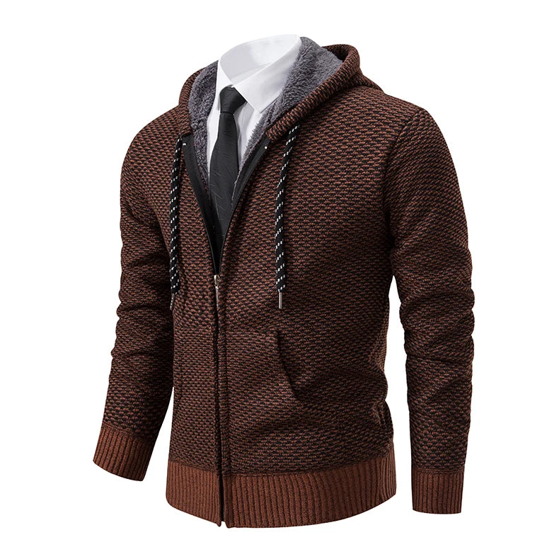 Casaco Masculino de Tricô com Zíper e Capuz Inverno