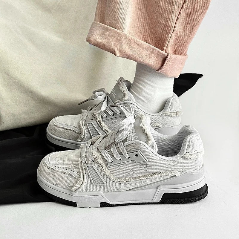 Tênis Chunky Casual Shred Unissex Desfiado Lona Azul e Branco