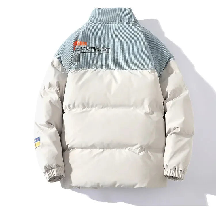 Jaqueta Masculina Puffer Bicolor com Recorte em Veludo Cotelê