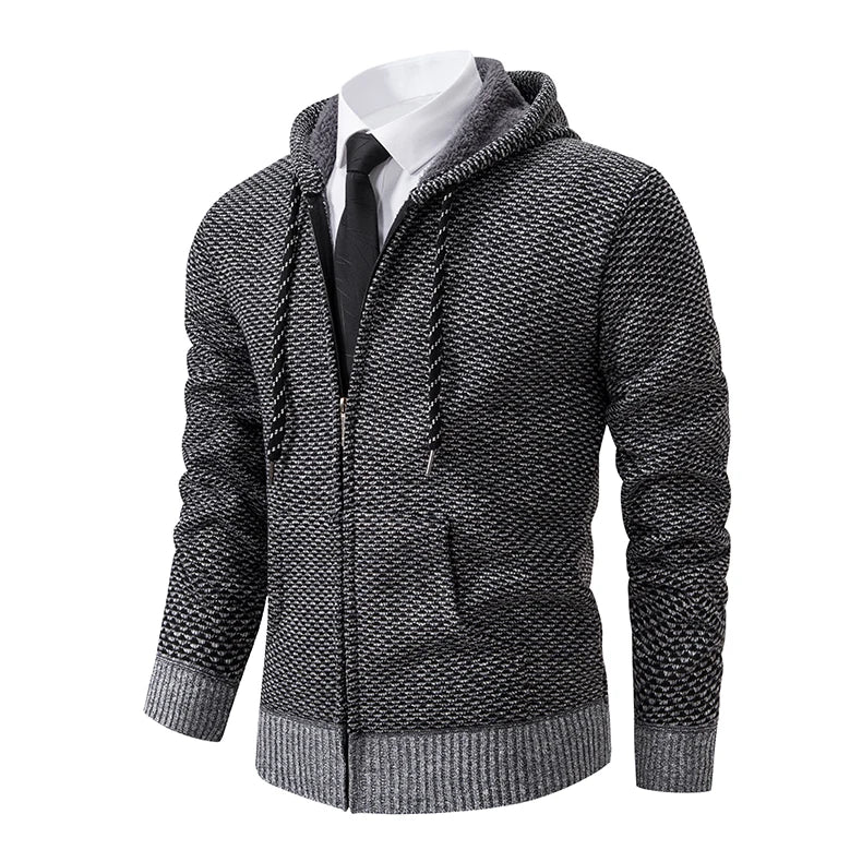Casaco Masculino de Tricô com Zíper e Capuz Inverno