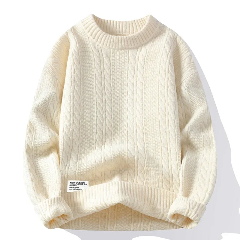 Suéter Masculino de Tricô Trançado Oversized Gola Média