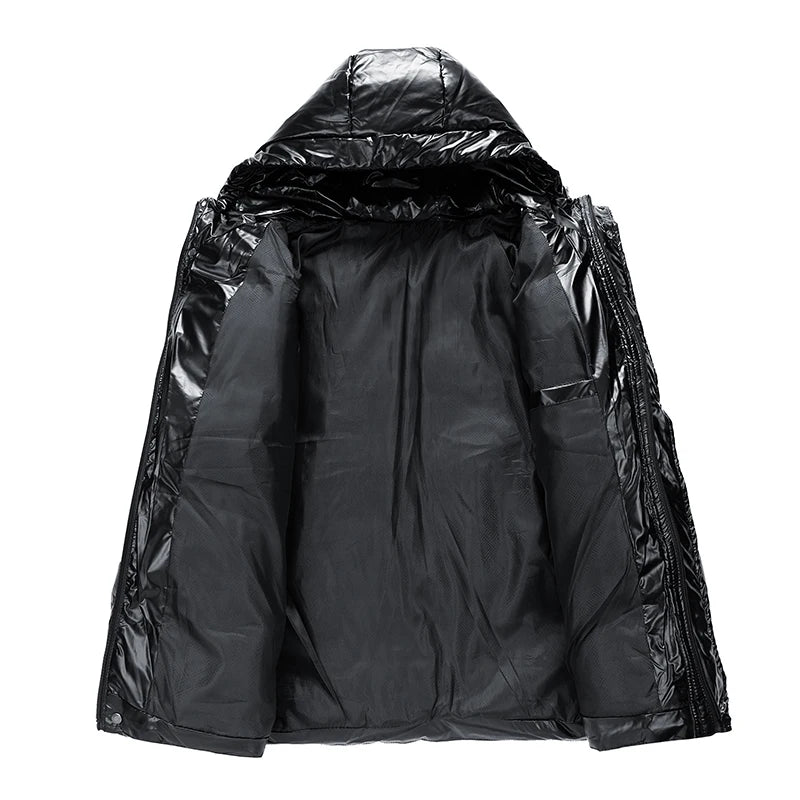 Jaqueta Masculina Puffer Brilhante com Capuz Oversized Glossy Black