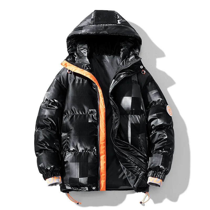 Jaqueta Puffer Masculina Streetwear com Capuz e Detalhe Laranja