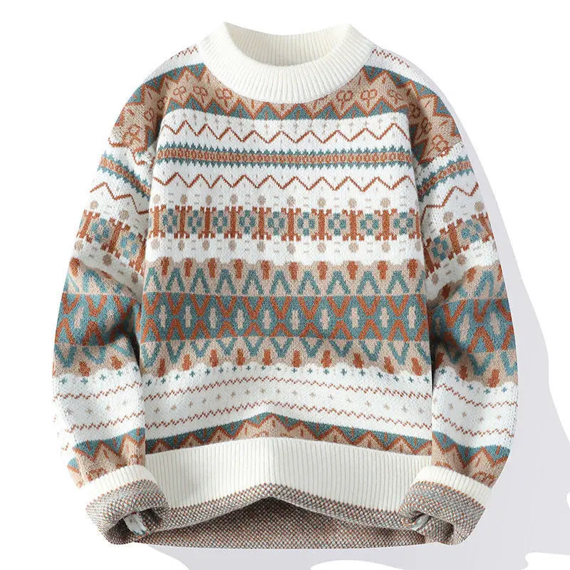 Suéter Masculino de Tricô Estampa Fair Isle Jacquard Gola Redonda