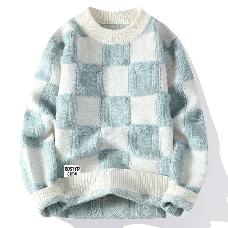 Suéter Masculino de Tricot Xadrez Quadrado Oversized