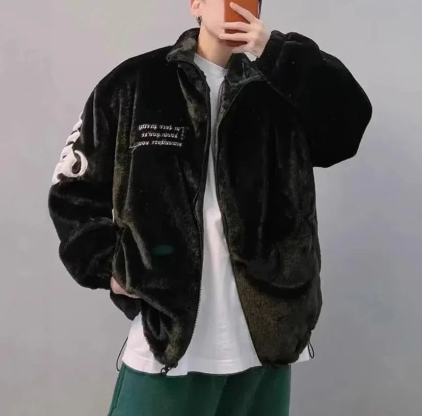 Jaqueta Teddy Masculina Bordada Streetwear Oversized Gola Alta