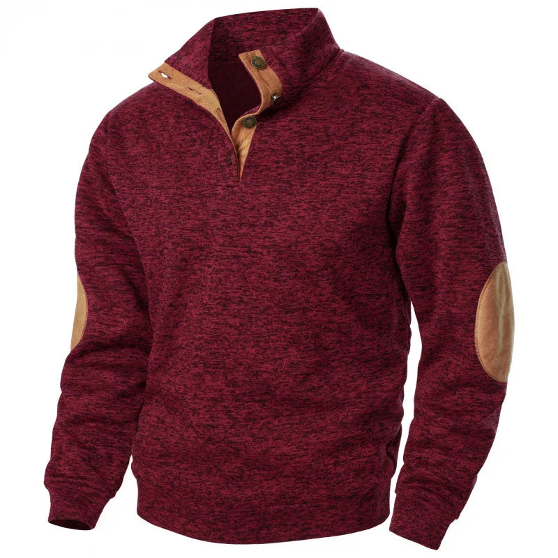 Blusa De Frio Masculina Suéter Com Gola De Botões E Cotoveleira