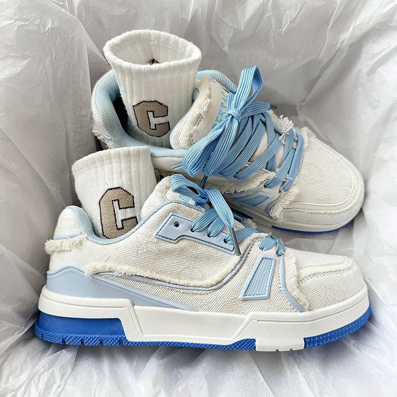 Tênis Chunky Casual Shred Unissex Desfiado Lona Azul e Branco