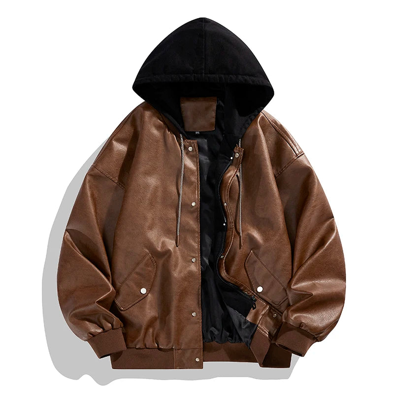 Jaqueta Bomber de Couro Masculina com Capuz Oversized
