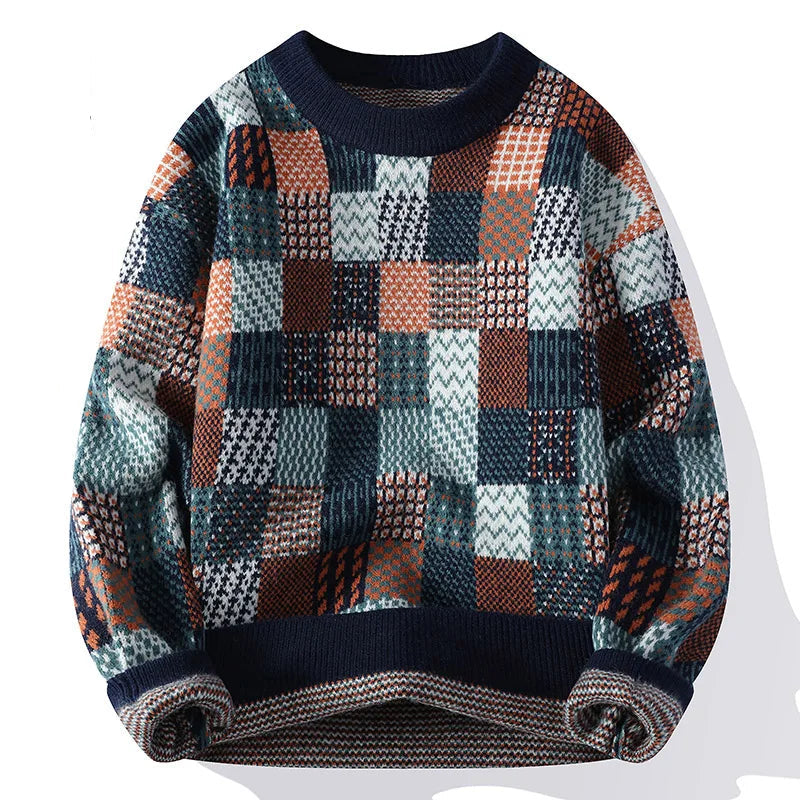 Suéter de Tricô Masculino Xadrez Patchwork Gola Careca Blusa de Frio