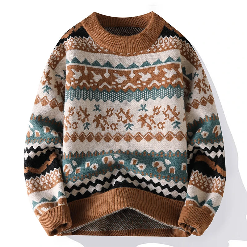 Suéter Masculino de Tricô Estampa Étnica Fair Isle Jacquard Gola Redonda