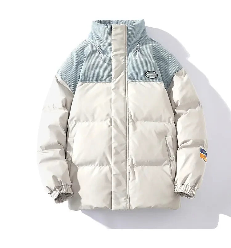 Jaqueta Masculina Puffer Bicolor com Recorte em Veludo Cotelê