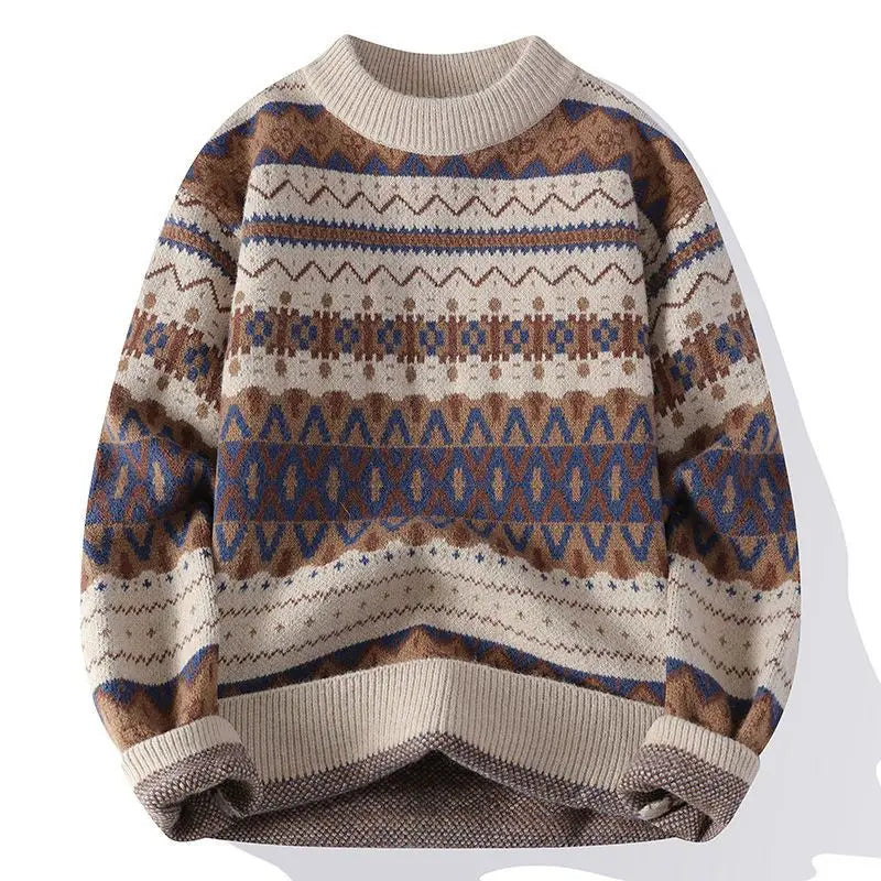 Suéter Masculino de Tricô Estampa Fair Isle Jacquard Gola Redonda