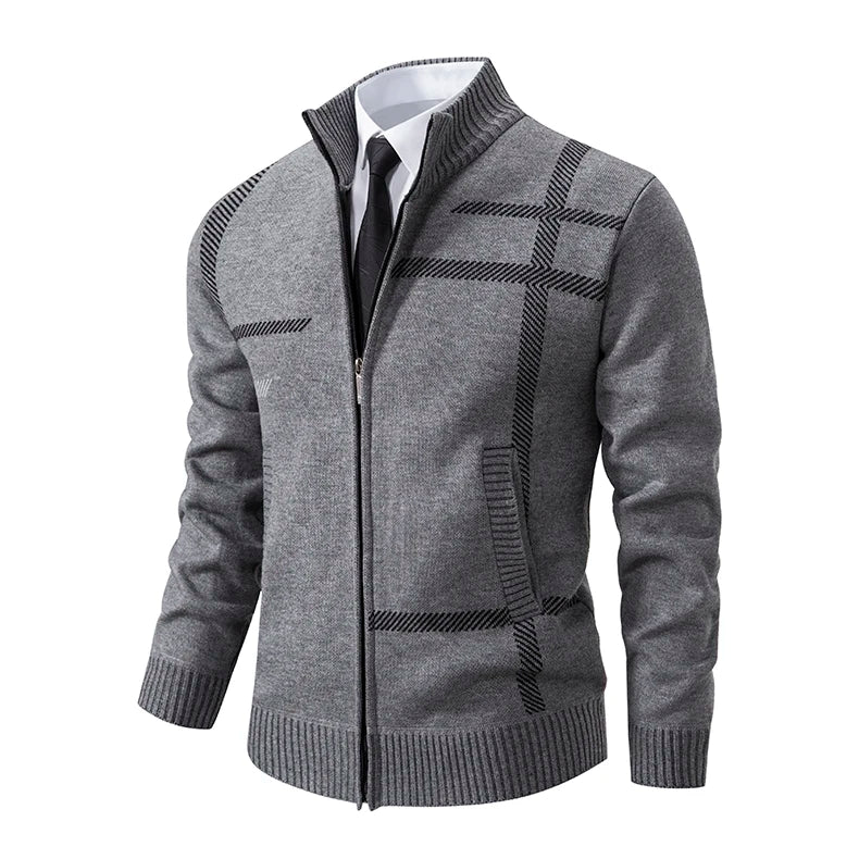 Casaco Masculino de Tricô Xadrez com Zíper e Gola Alta