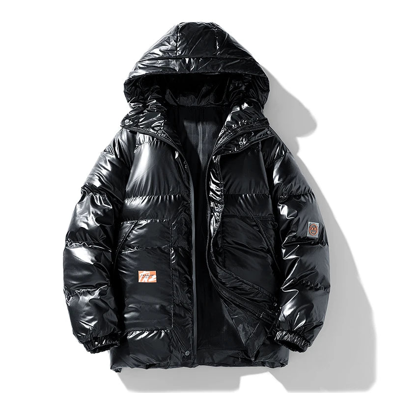 Jaqueta Masculina Puffer Brilhante com Capuz Oversized Glossy Black