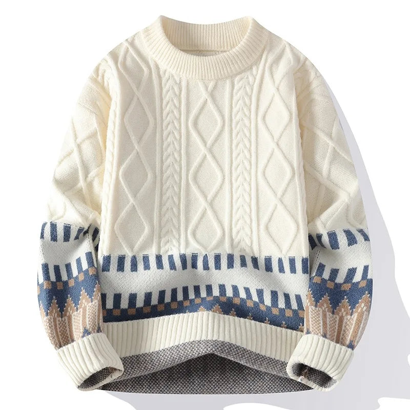 Suéter Masculino de Tricô Jacquard com Faixas Geométricas e Gola Redonda