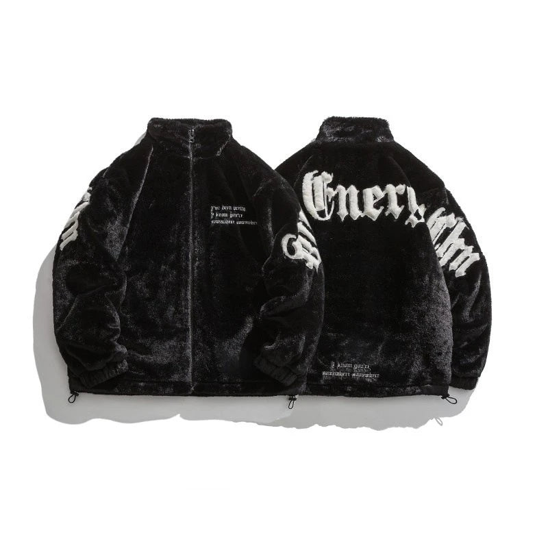Jaqueta Teddy Masculina Bordada Streetwear Oversized Gola Alta