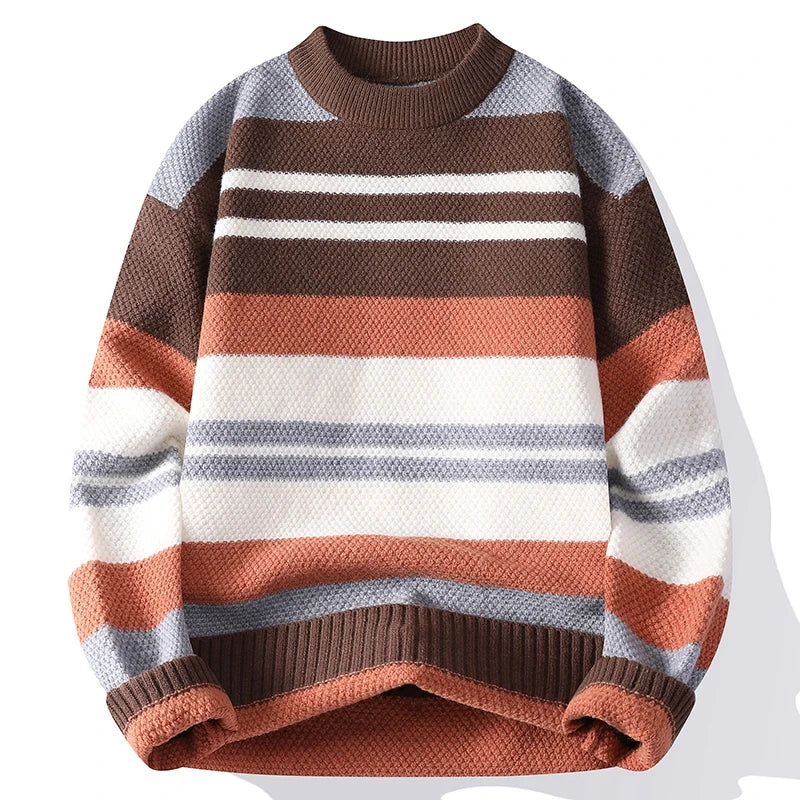 Suéter Masculino Tricô Listrado Gola Média Blusa de Frio Multicolor