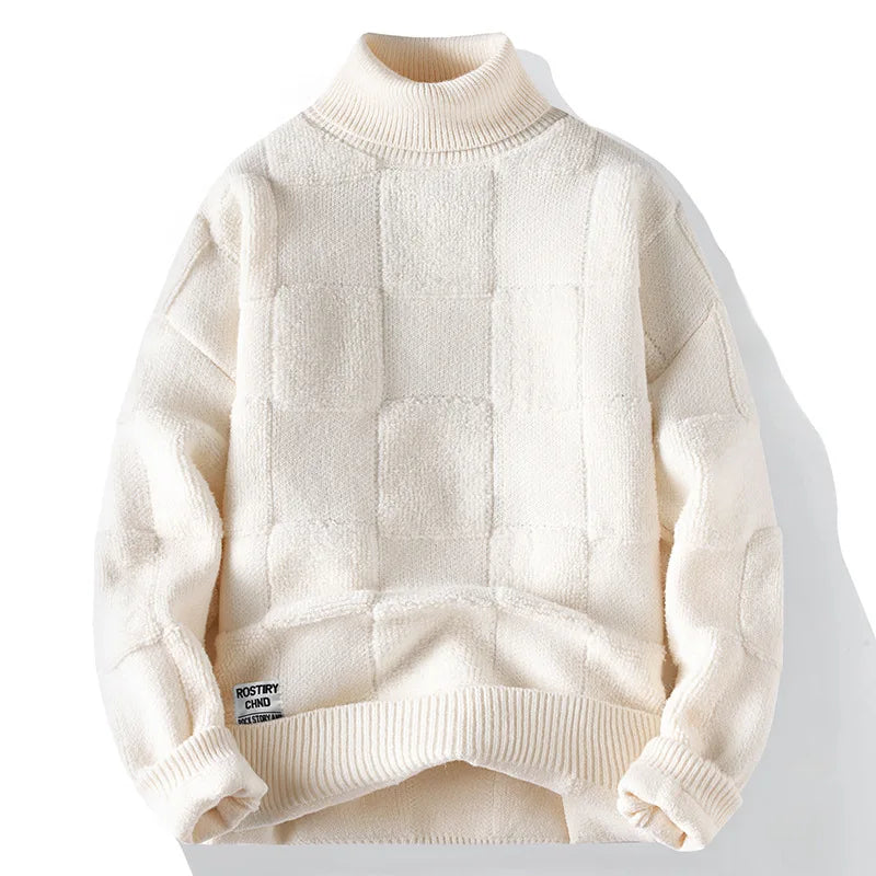 Blusa de Frio Masculina de Tricô Grosso Quadriculado Gola Alta