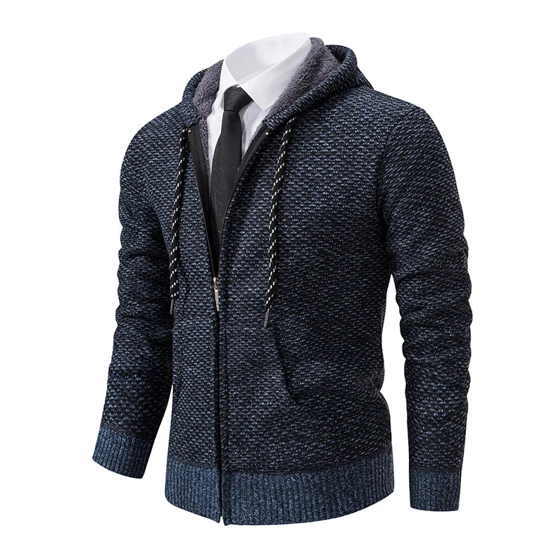 Casaco Masculino de Tricô com Zíper e Capuz Inverno