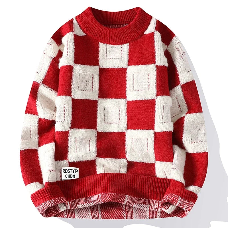 Suéter Masculino de Tricot Xadrez Quadrado Oversized